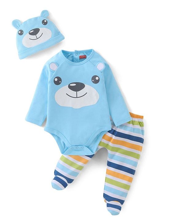 Babyhug 100% Cotton Full Sleeves Onesies with  Leggings & Cap Bear Print - Blue