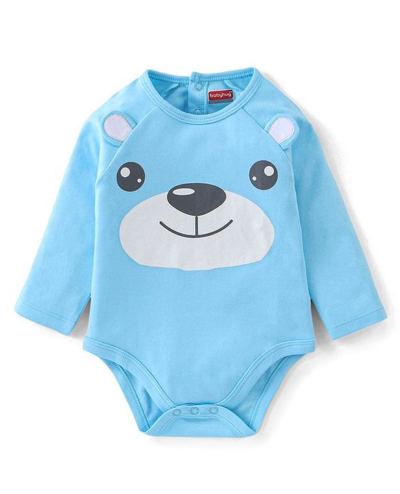 Babyhug 100% Cotton Full Sleeves Onesies with  Leggings & Cap Bear Print - Blue