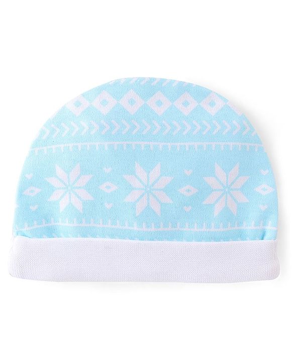 Babyhug  100% Cotton Knit Cap Mittens & Booties Floral Print Blue - Diameter 12 cm