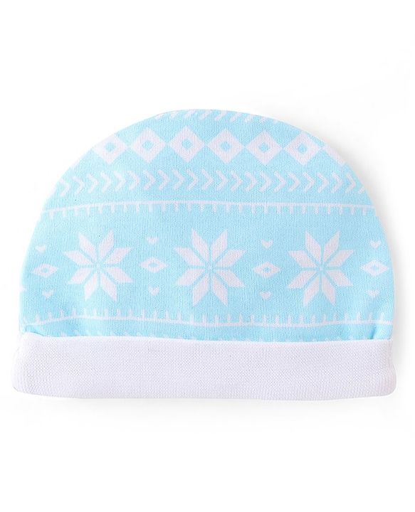 Babyhug  100% Cotton Knit Cap Mittens & Booties Floral Print Blue - Diameter 12 cm