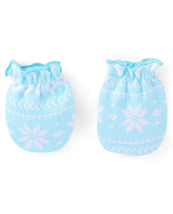 Babyhug  100% Cotton Knit Cap Mittens & Booties Floral Print Blue - Diameter 12 cm