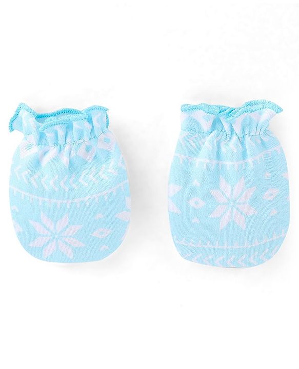 Babyhug  100% Cotton Knit Cap Mittens & Booties Floral Print Blue - Diameter 12 cm
