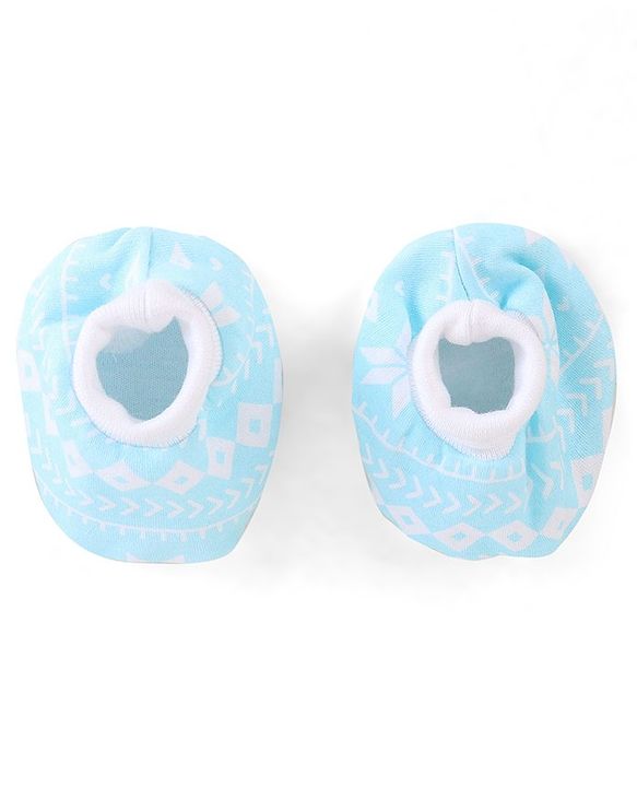 Babyhug  100% Cotton Knit Cap Mittens & Booties Floral Print Blue - Diameter 12 cm