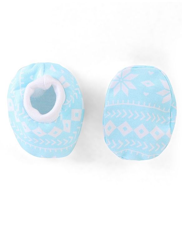 Babyhug  100% Cotton Knit Cap Mittens & Booties Floral Print Blue - Diameter 12 cm