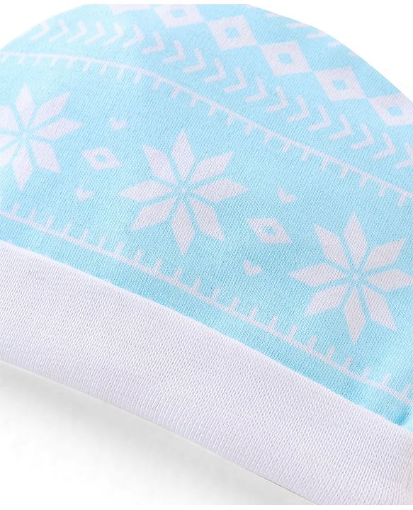 Babyhug  100% Cotton Knit Cap Mittens & Booties Floral Print Blue - Diameter 12 cm