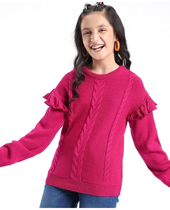 Pine Kids Full Sleeves Ruffle Detailing Sweater - Fuchsia