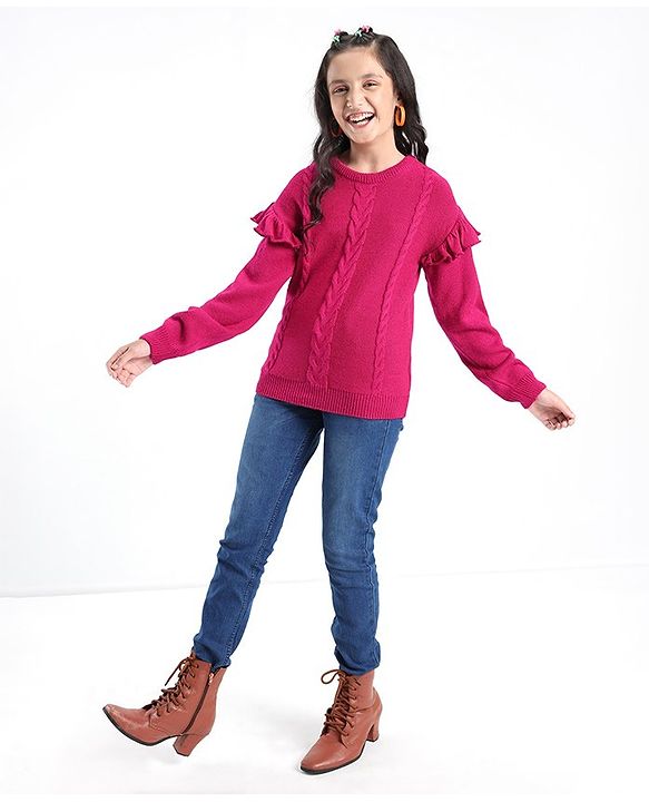 Pine Kids Full Sleeves Ruffle Detailing Sweater - Fuchsia