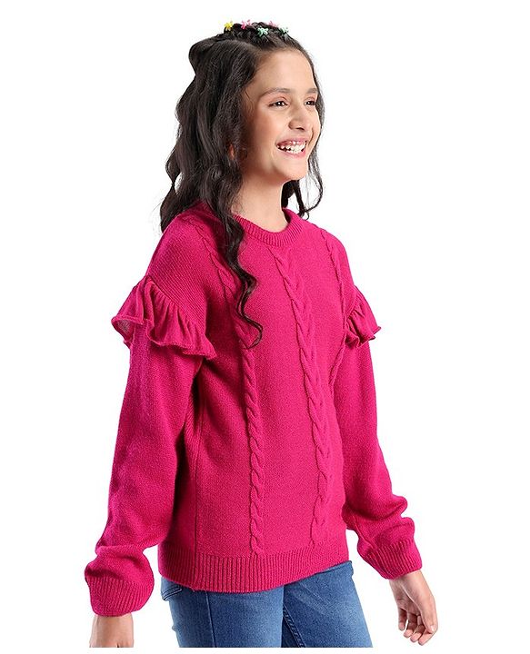 Pine Kids Full Sleeves Ruffle Detailing Sweater - Fuchsia