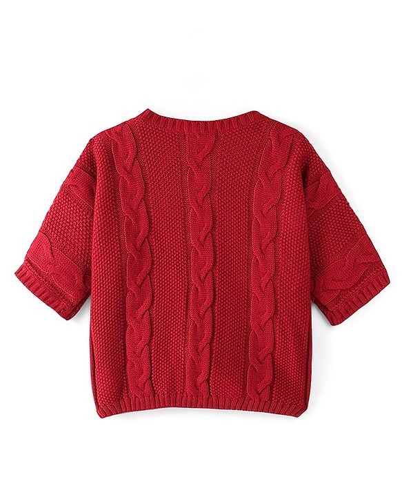 Pine Kids Knit Three Fourth Sleeves Sweater With Cable Knit Design - Deep Red