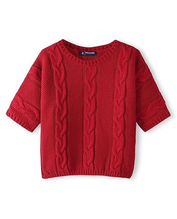 Pine Kids Knit Three Fourth Sleeves Sweater With Cable Knit Design - Deep Red