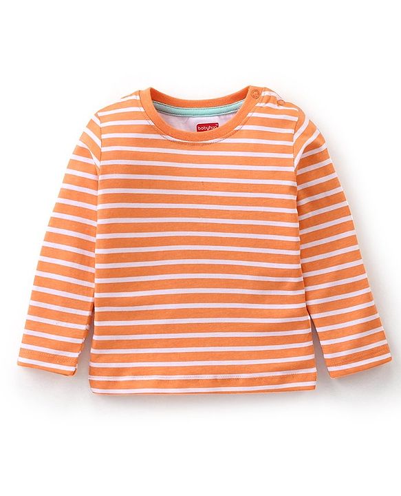 Babyhug 100% Cotton Knit Animal Print Dungaree with Full Sleeves Stripe Inner Tee - Orange & Light Blue