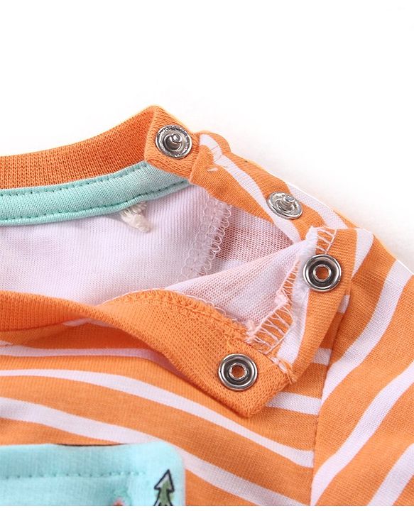 Babyhug 100% Cotton Knit Animal Print Dungaree with Full Sleeves Stripe Inner Tee - Orange & Light Blue