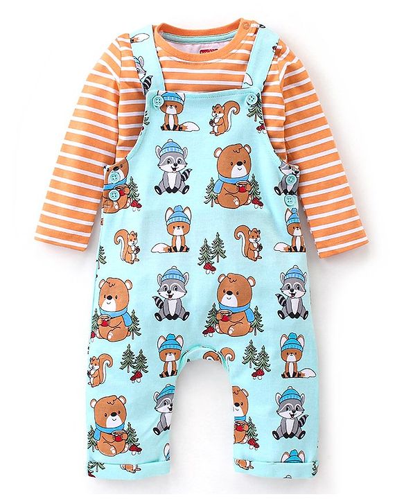 Babyhug 100% Cotton Knit Animal Print Dungaree with Full Sleeves Stripe Inner Tee - Orange & Light Blue