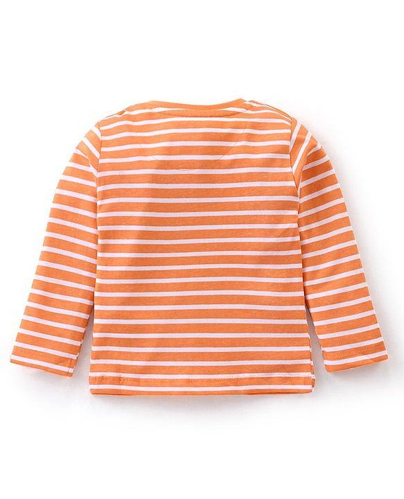 Babyhug 100% Cotton Knit Animal Print Dungaree with Full Sleeves Stripe Inner Tee - Orange & Light Blue