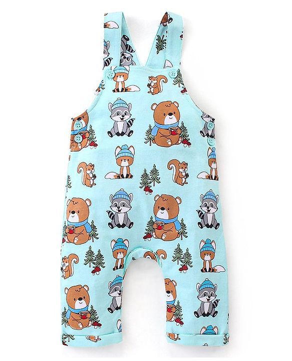 Babyhug 100% Cotton Knit Animal Print Dungaree with Full Sleeves Stripe Inner Tee - Orange & Light Blue