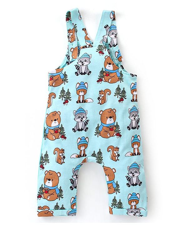 Babyhug 100% Cotton Knit Animal Print Dungaree with Full Sleeves Stripe Inner Tee - Orange & Light Blue