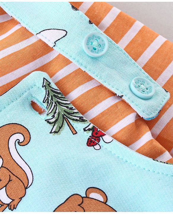Babyhug 100% Cotton Knit Animal Print Dungaree with Full Sleeves Stripe Inner Tee - Orange & Light Blue