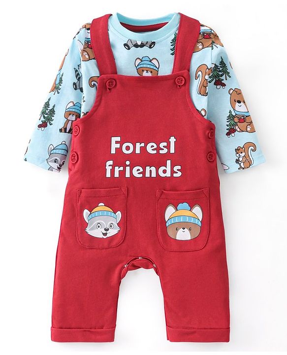 Babyhug 100% Cotton Knit Dungaree with Full Sleeves Inner Tee Animals Print - Light Blue & Red