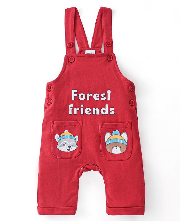 Babyhug 100% Cotton Knit Dungaree with Full Sleeves Inner Tee Animals Print - Light Blue & Red