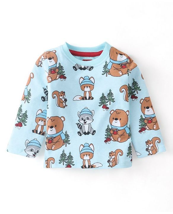 Babyhug 100% Cotton Knit Dungaree with Full Sleeves Inner Tee Animals Print - Light Blue & Red