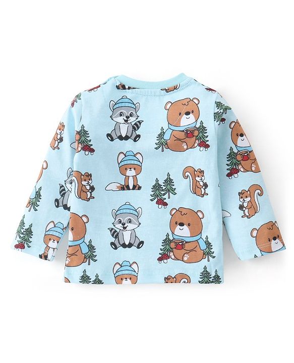 Babyhug 100% Cotton Knit Dungaree with Full Sleeves Inner Tee Animals Print - Light Blue & Red