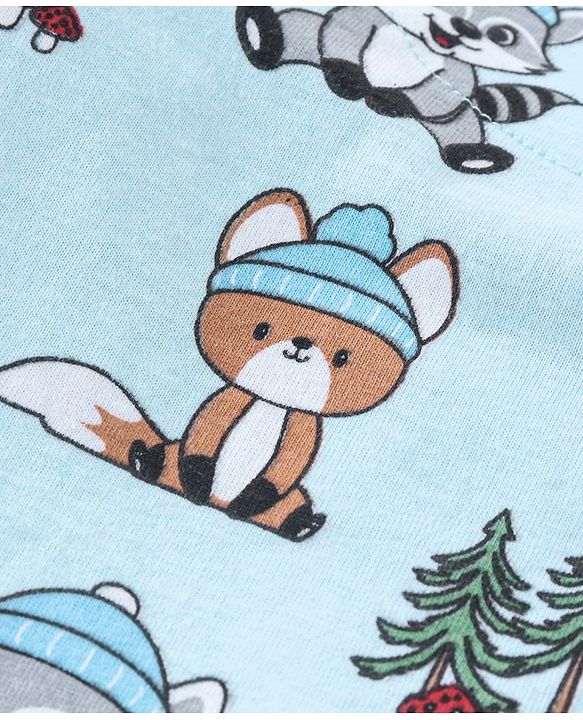 Babyhug 100% Cotton Knit Dungaree with Full Sleeves Inner Tee Animals Print - Light Blue & Red