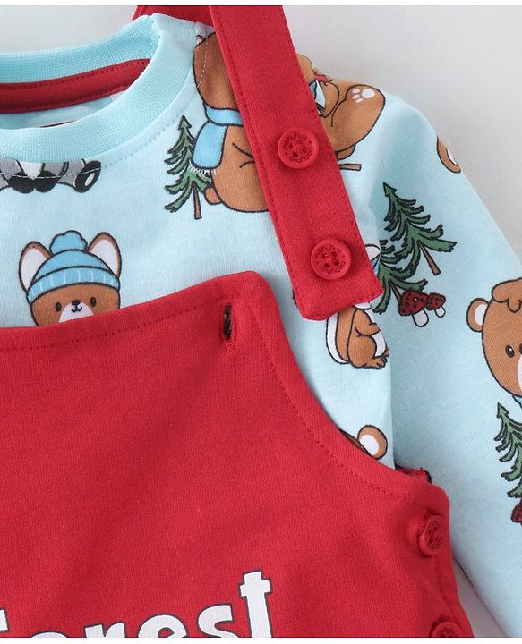 Babyhug 100% Cotton Knit Dungaree with Full Sleeves Inner Tee Animals Print - Light Blue & Red