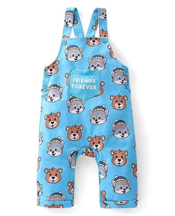 Babyhug 100% Cotton Knit Raccoon & Bear Printed Dungaree with Full Sleeves Striped Inner Tee - Blue & Orange