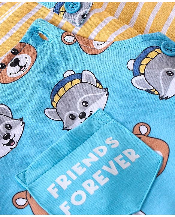 Babyhug 100% Cotton Knit Raccoon & Bear Printed Dungaree with Full Sleeves Striped Inner Tee - Blue & Orange