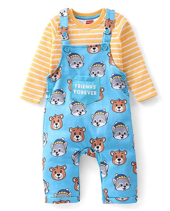 Babyhug 100% Cotton Knit Raccoon & Bear Printed Dungaree with Full Sleeves Striped Inner Tee - Blue & Orange
