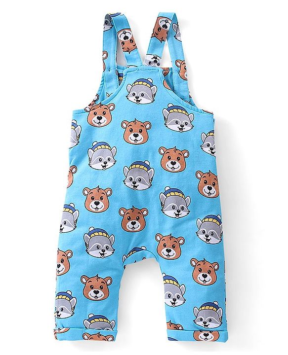 Babyhug 100% Cotton Knit Raccoon & Bear Printed Dungaree with Full Sleeves Striped Inner Tee - Blue & Orange
