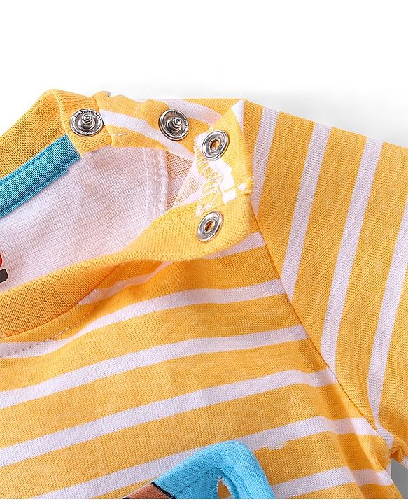 Babyhug 100% Cotton Knit Raccoon & Bear Printed Dungaree with Full Sleeves Striped Inner Tee - Blue & Orange