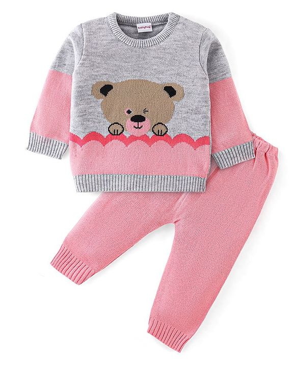 Babyhug Knit Full Sleeves Sweater Set Teddy Design - Grey & Pink