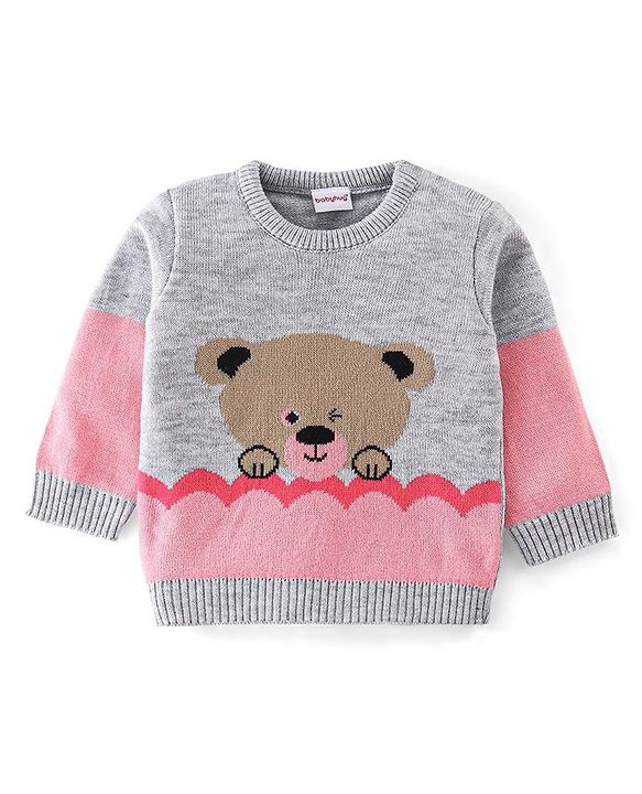 Babyhug Knit Full Sleeves Sweater Set Teddy Design - Grey & Pink