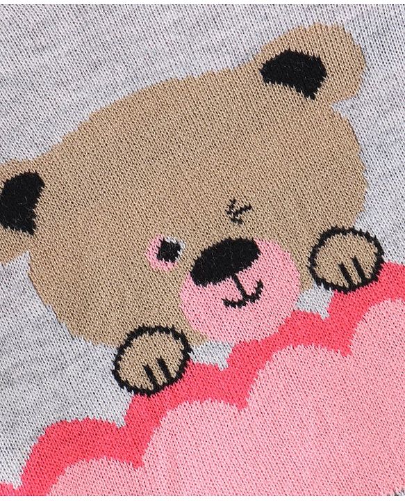 Babyhug Knit Full Sleeves Sweater Set Teddy Design - Grey & Pink