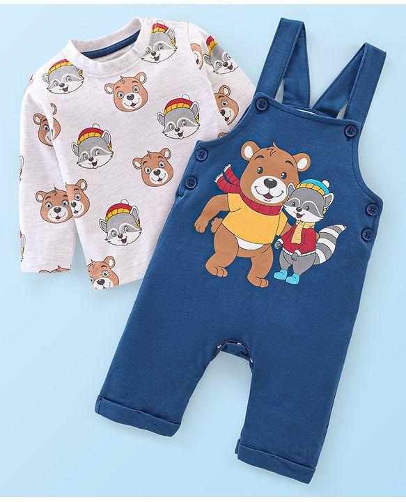 Babyhug 100% Cotton Knit Dungaree with Full Sleeves Inner Tee Teddy Print - Navy Blue & White Melange