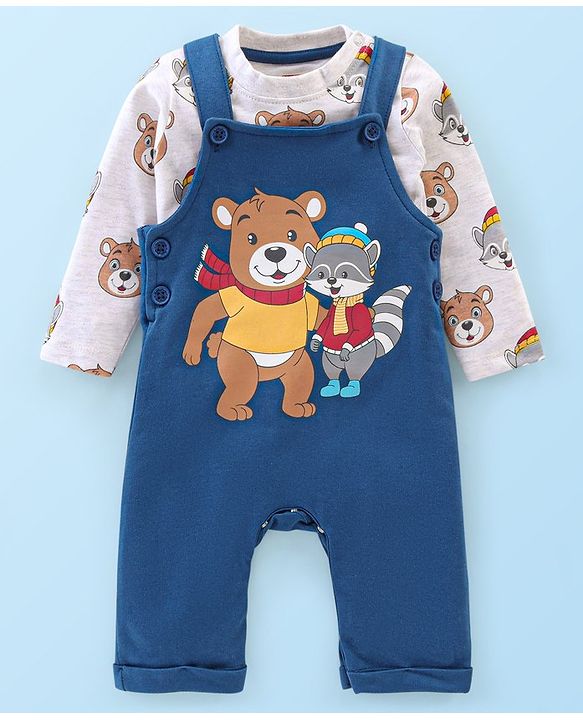 Babyhug 100% Cotton Knit Dungaree with Full Sleeves Inner Tee Teddy Print - Navy Blue & White Melange