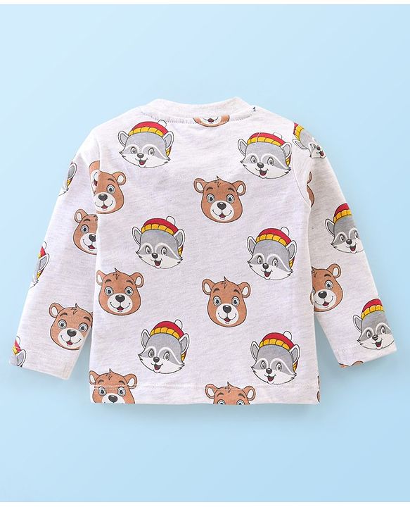 Babyhug 100% Cotton Knit Dungaree with Full Sleeves Inner Tee Teddy Print - Navy Blue & White Melange