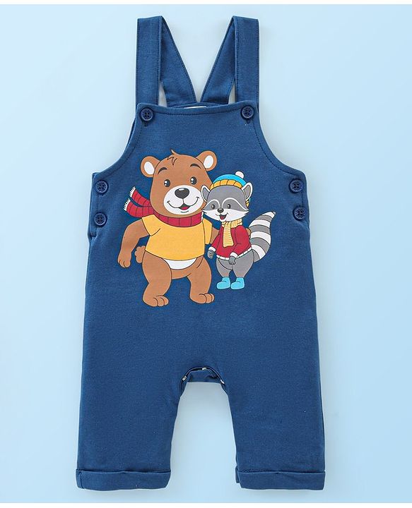 Babyhug 100% Cotton Knit Dungaree with Full Sleeves Inner Tee Teddy Print - Navy Blue & White Melange