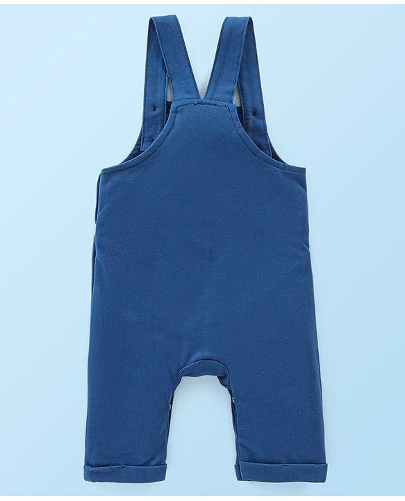 Babyhug 100% Cotton Knit Dungaree with Full Sleeves Inner Tee Teddy Print - Navy Blue & White Melange