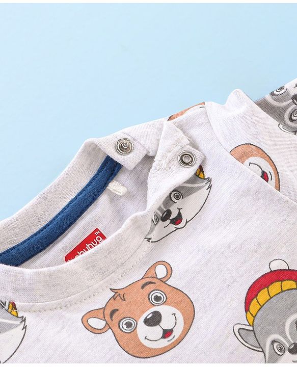Babyhug 100% Cotton Knit Dungaree with Full Sleeves Inner Tee Teddy Print - Navy Blue & White Melange