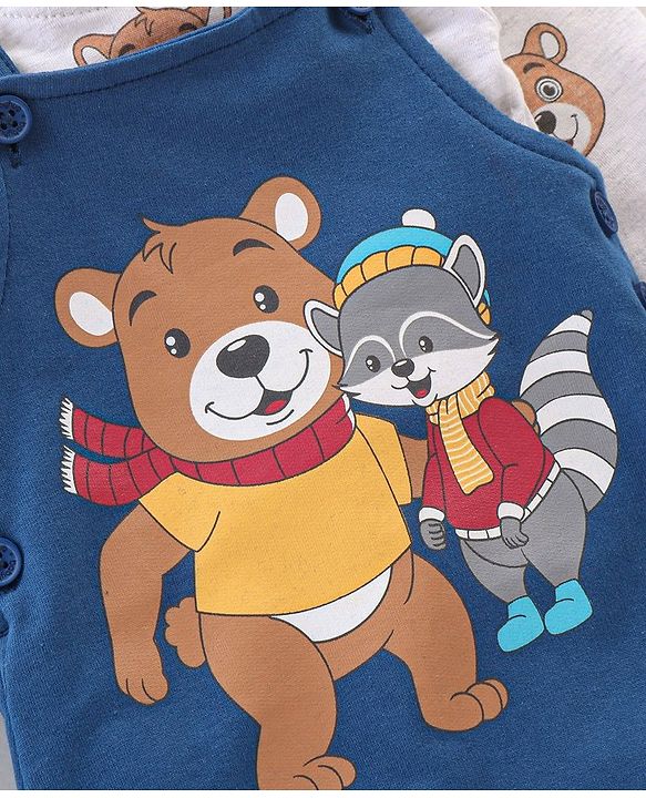 Babyhug 100% Cotton Knit Dungaree with Full Sleeves Inner Tee Teddy Print - Navy Blue & White Melange