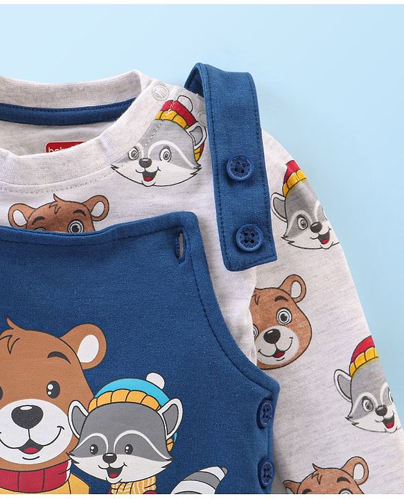 Babyhug 100% Cotton Knit Dungaree with Full Sleeves Inner Tee Teddy Print - Navy Blue & White Melange