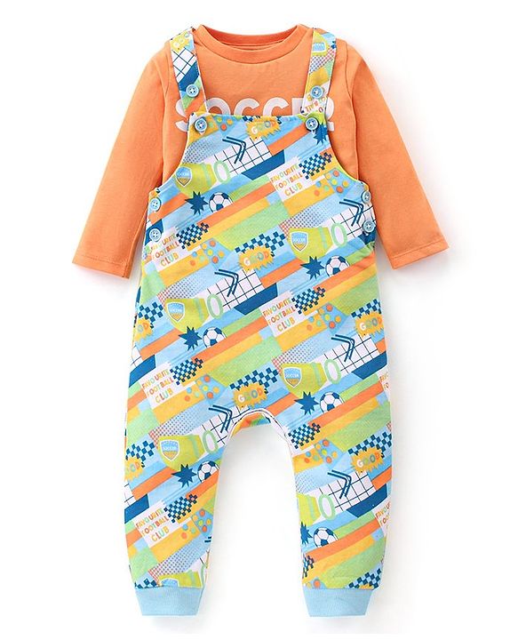 Babyhug 100% Cotton Knit Dungaree with Full Sleeves Inner Tee Soccer Ball Print - Peach
