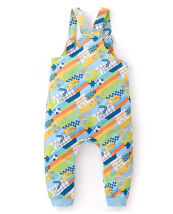 Babyhug 100% Cotton Knit Dungaree with Full Sleeves Inner Tee Soccer Ball Print - Peach