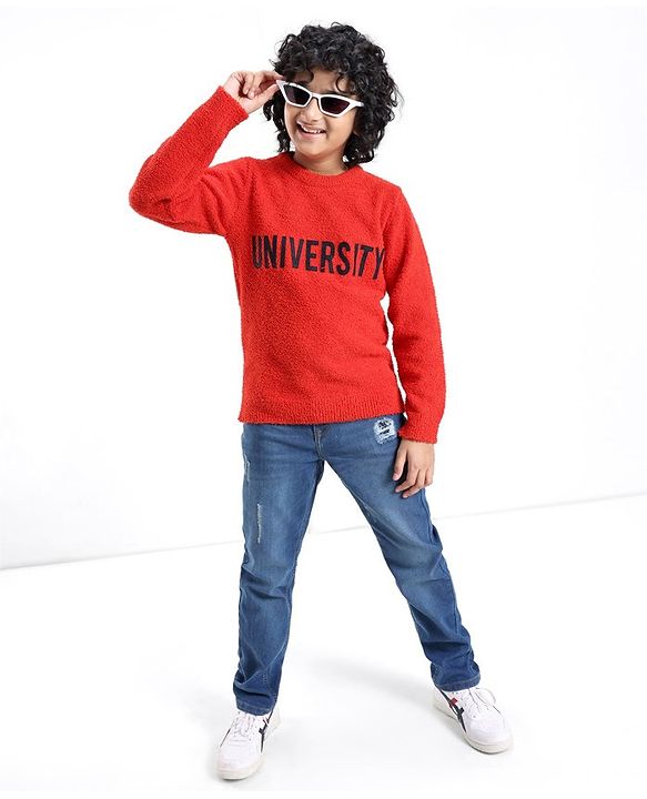 Pine Kids Knit Full Sleeves University Embroidered Sweater - Red