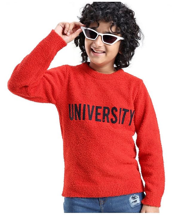 Pine Kids Knit Full Sleeves University Embroidered Sweater - Red