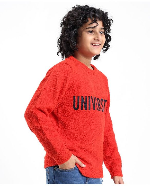 Pine Kids Knit Full Sleeves University Embroidered Sweater - Red