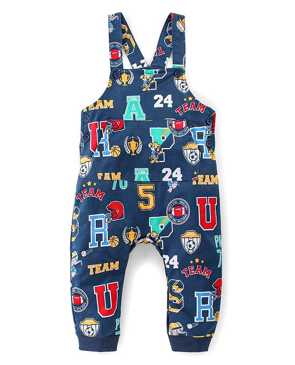 Babyhug Single Jersey Woven Dungaree with Full Sleeves T- Shirt Text Printed - Orange & Navy Blue