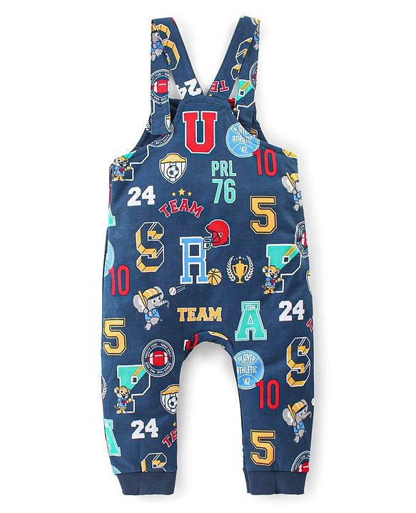 Babyhug Single Jersey Woven Dungaree with Full Sleeves T- Shirt Text Printed - Orange & Navy Blue